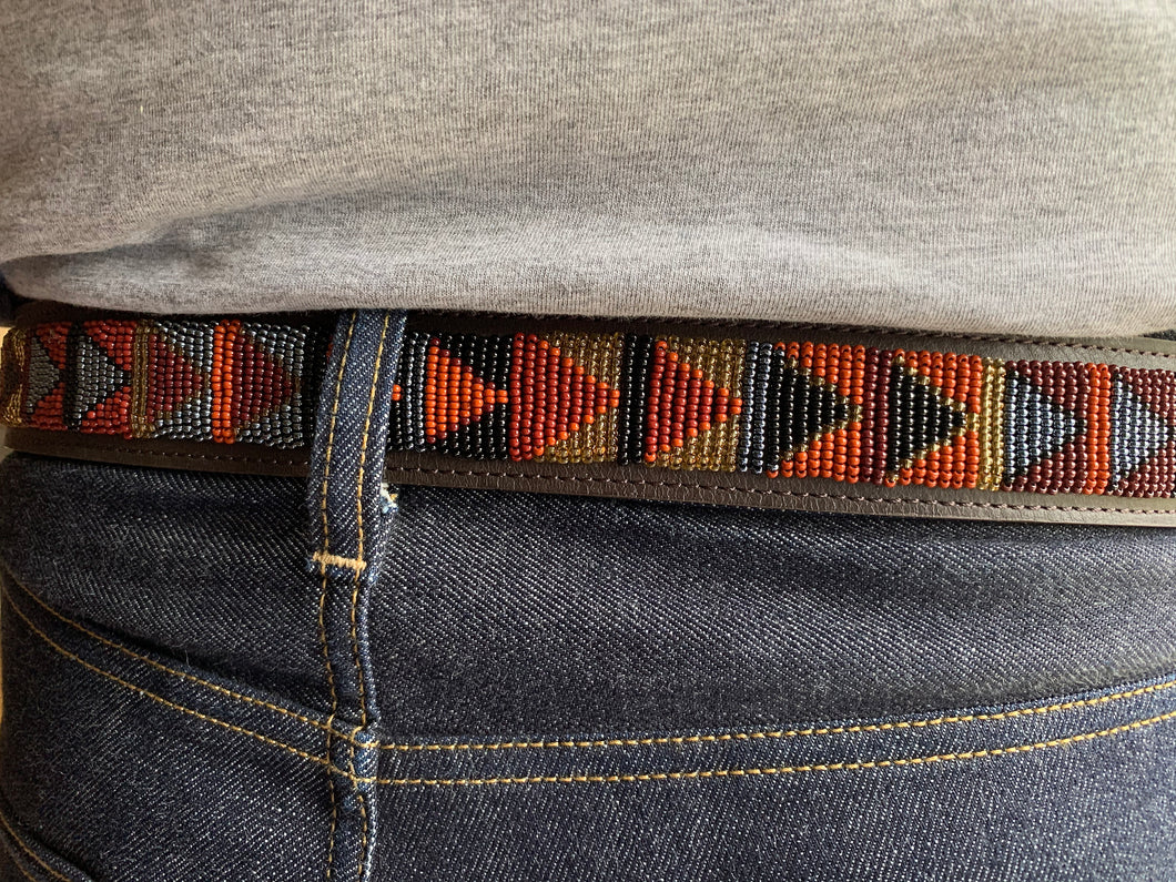 Black, Browns & Grey Dark Brown Beaded Leather Belt