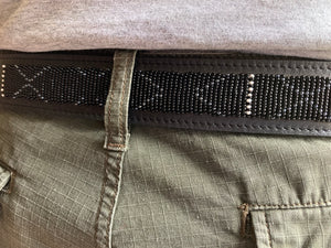 Black, White & Grey Beaded Black Leather Belt