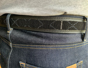 Black, White & Grey Beaded Black Leather Belt