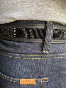Black, White & Grey Beaded Black Leather Belt