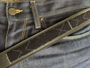 Black, White & Grey Beaded Black Leather Belt