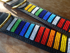 Rainbow Stripes Beaded Black Leather Dog Collar