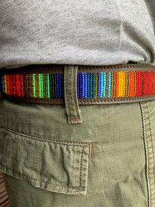 Rainbow Mix Beaded Dark Brown Leather Belt