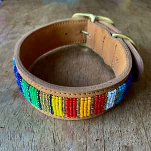 Rainbow Stripes Beaded Light Tan Leather Dog Collar