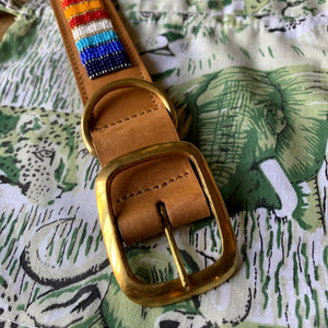 Rainbow Stripes Beaded Light Tan Leather Dog Collar