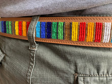 Load image into Gallery viewer, Rainbow Stripes Light Tan Beaded Leather Belt