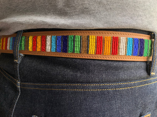 Rainbow Stripes Light Tan Beaded Leather Belt
